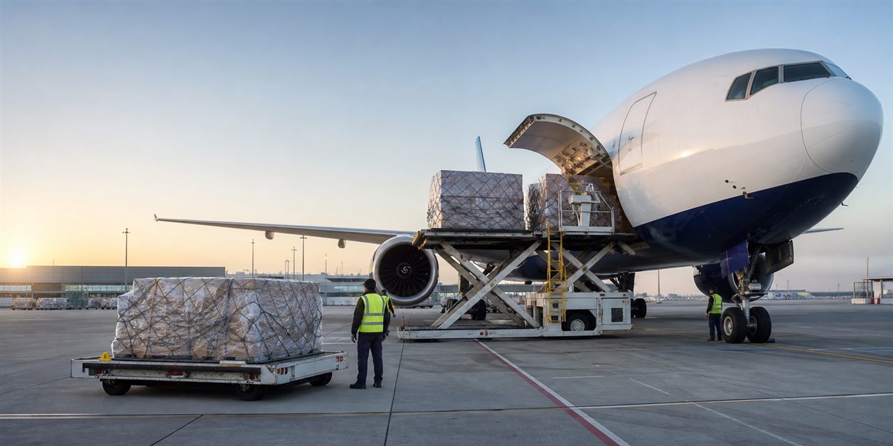Cargo being loaded onto a freight aircraft