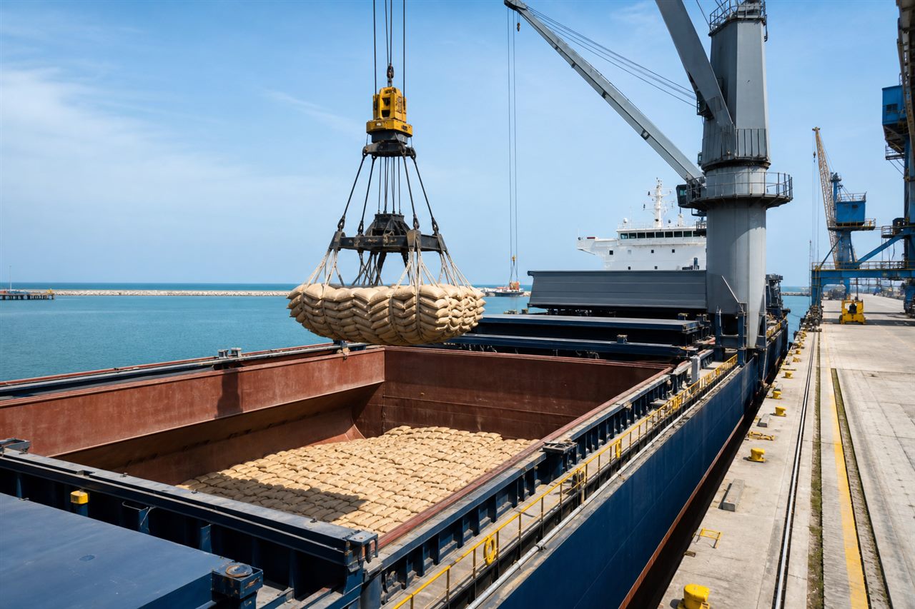 Breakbulk cargo being loaded into a bulk cargo vessel