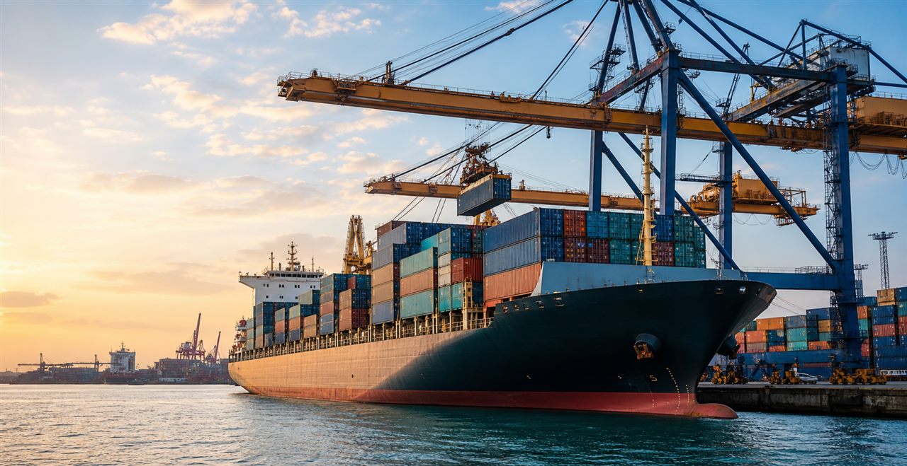 Containers being loaded onto a cargo vessel