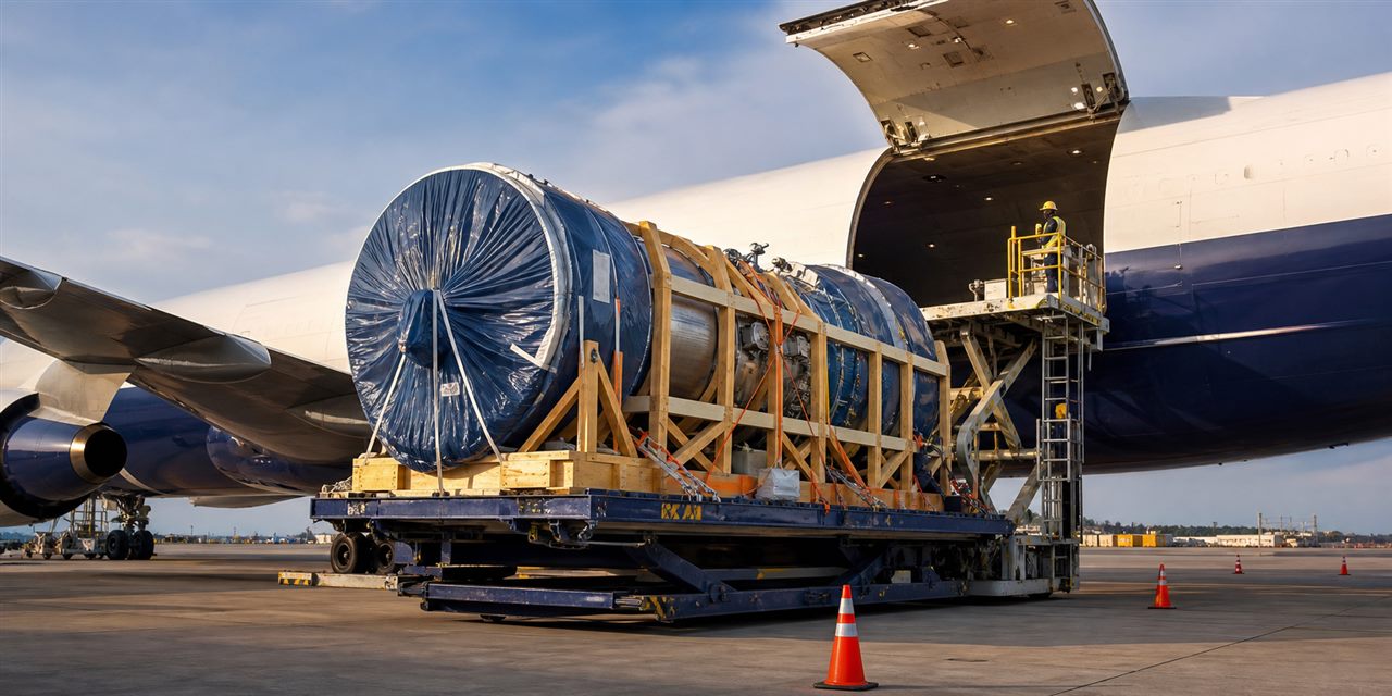 Large industrial project cargo being loaded into a cargo aircraft