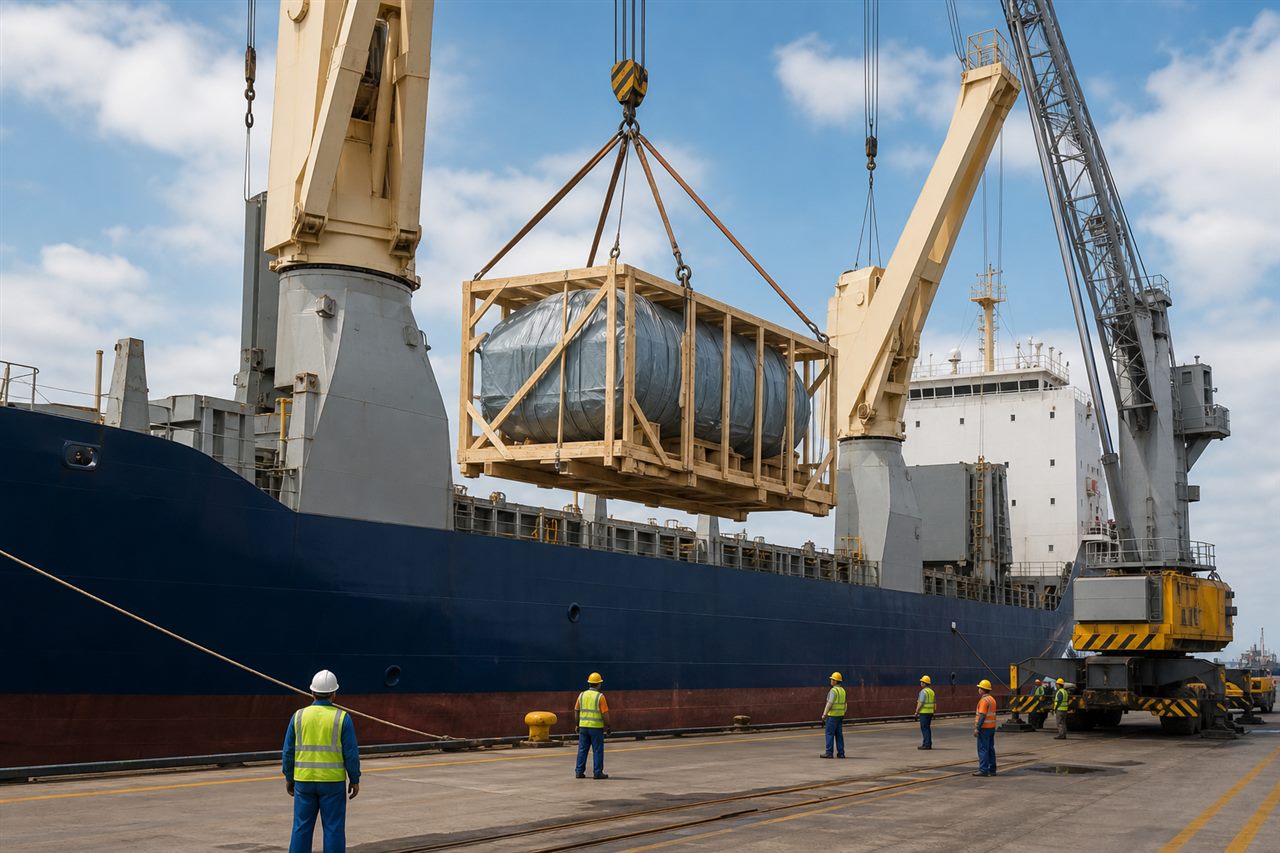 Heavy project equipment being loaded onto a vessel