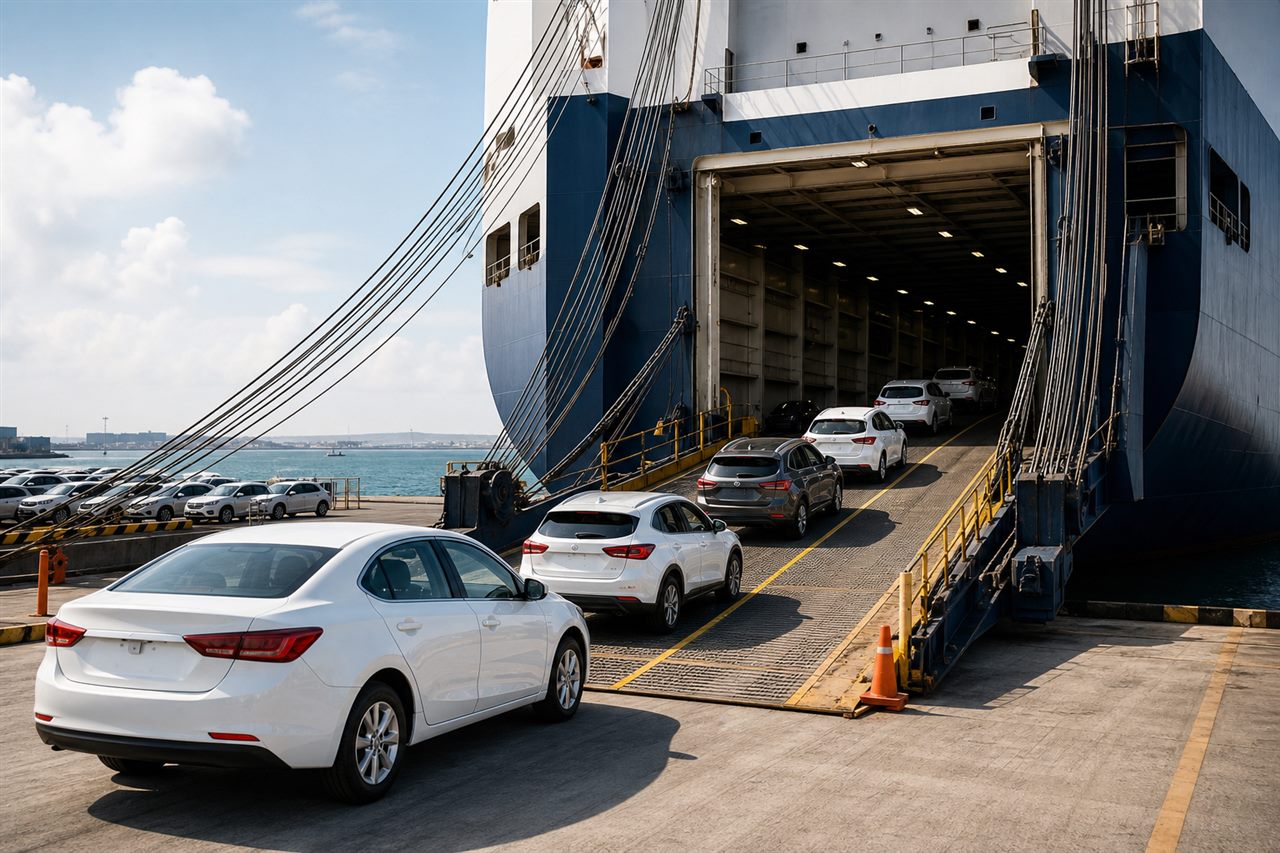 Cars being loaded onto a roll-on roll-off vessel