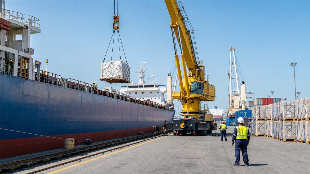 Port crane handling cargo beside a vessel